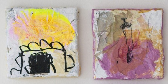 SALE painting plant violet ornament pattern original mixed media abstract textured black