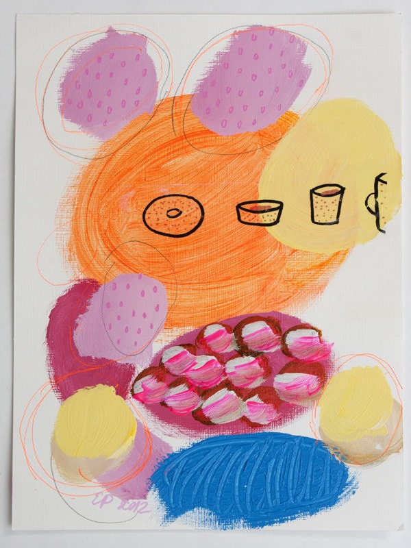 painting coffee cups orange yellow pink original on paper acrylic fine art mixed media