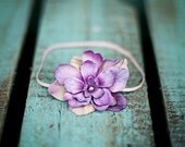 Skinny elastic purple flower headband for newborn baby or little girl, great photo prop
