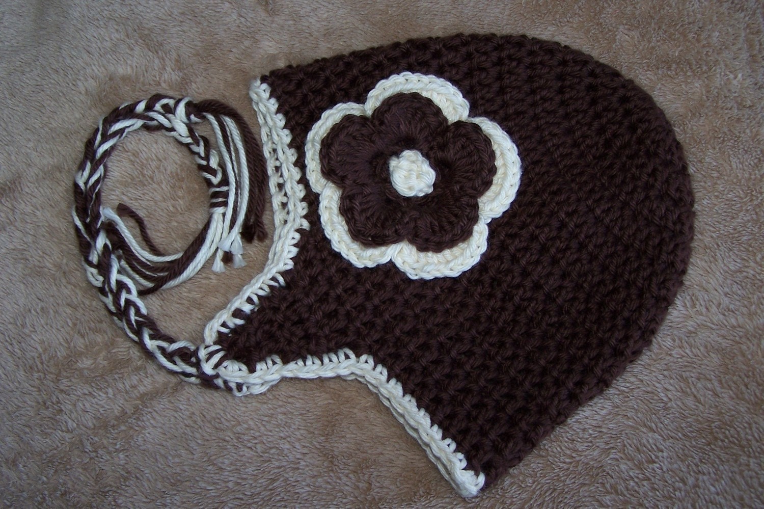 Crochet Baby Hat, Earflap, Baby Girl, Brown-Ivory, Newborn Earflap Hat, Infant Earflap hat, Gift, Photo Prop