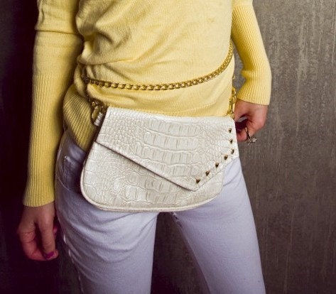 White Alligator Skin - Fanny Pack - Heart Studs - Gold Chain - Vinyl Fake Lather
