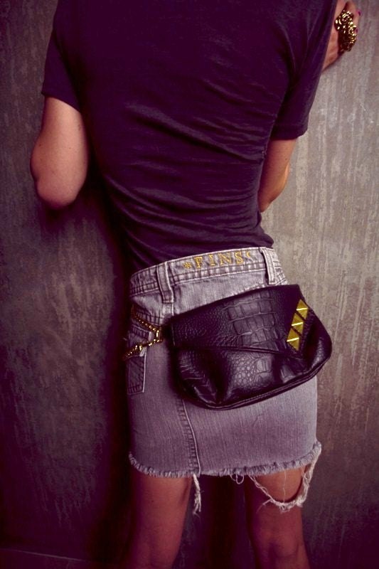 Studded Fanny Pack Black Alligator Skin with Big Gold Studs,Chain wallet, Festival Bag, Marion Max