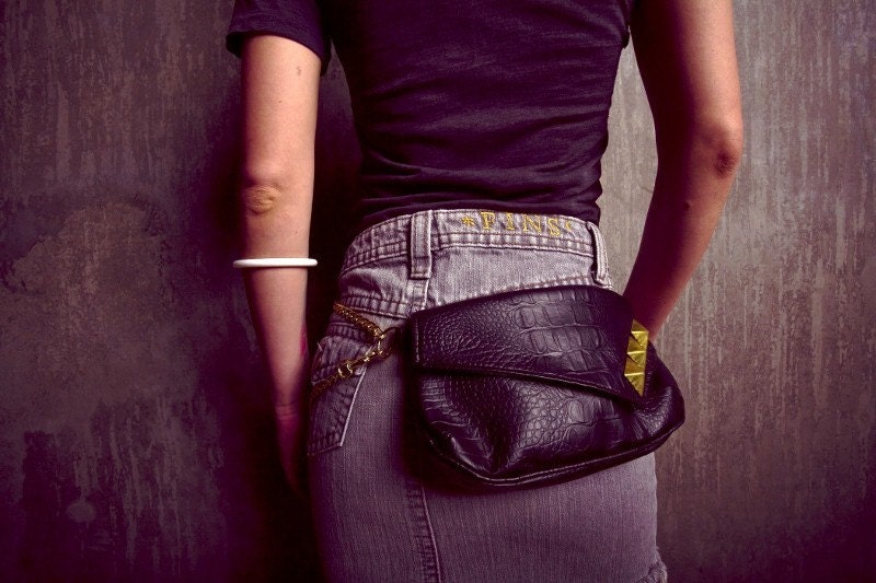 Studded Fanny Pack Black Alligator Skin with Big Gold Studs,Chain wallet, Festival Bag, Marion Max