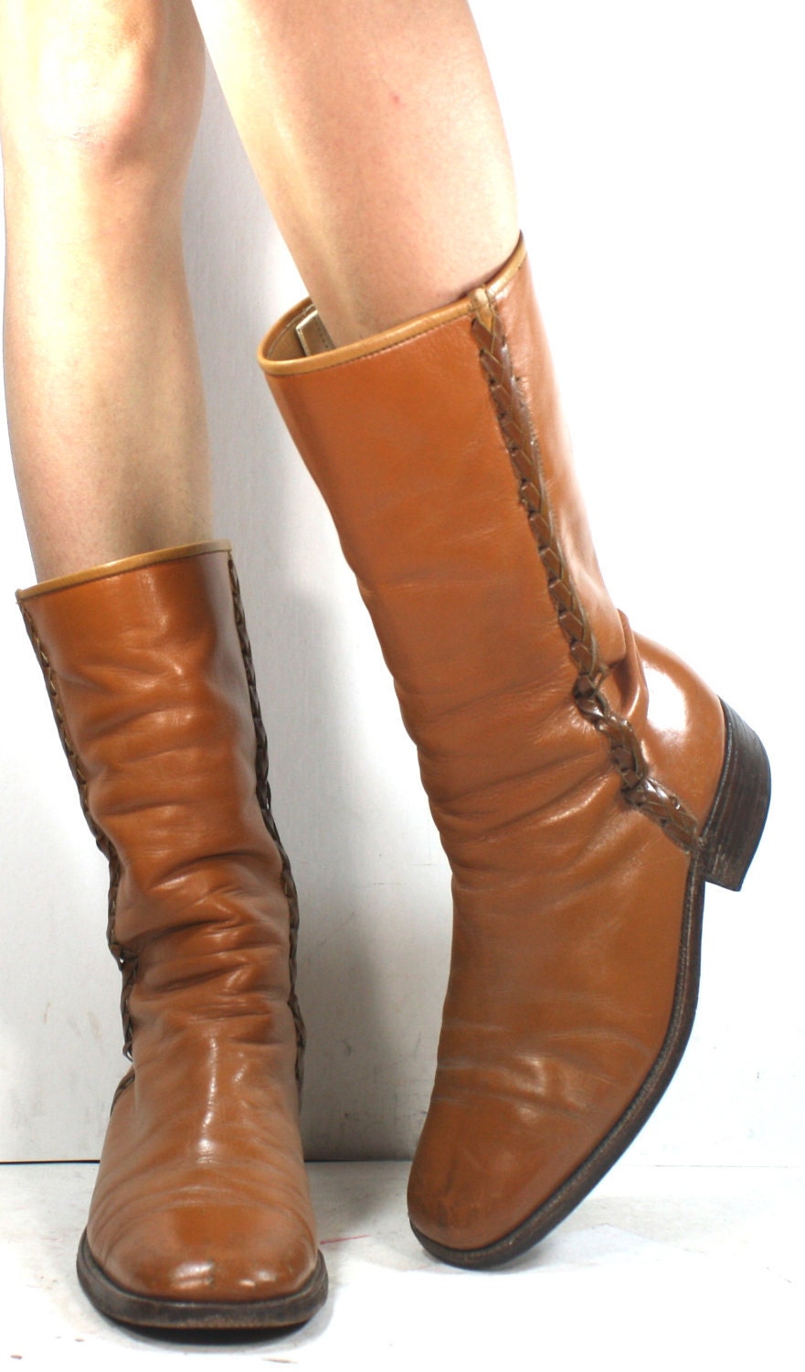 Vintage campus fashion orange brown low heel woven mid calf western womens Leather boots womens 10 B M