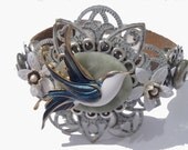 Vintage collage bird romantic shabby chic soft leather cuff bracelet
