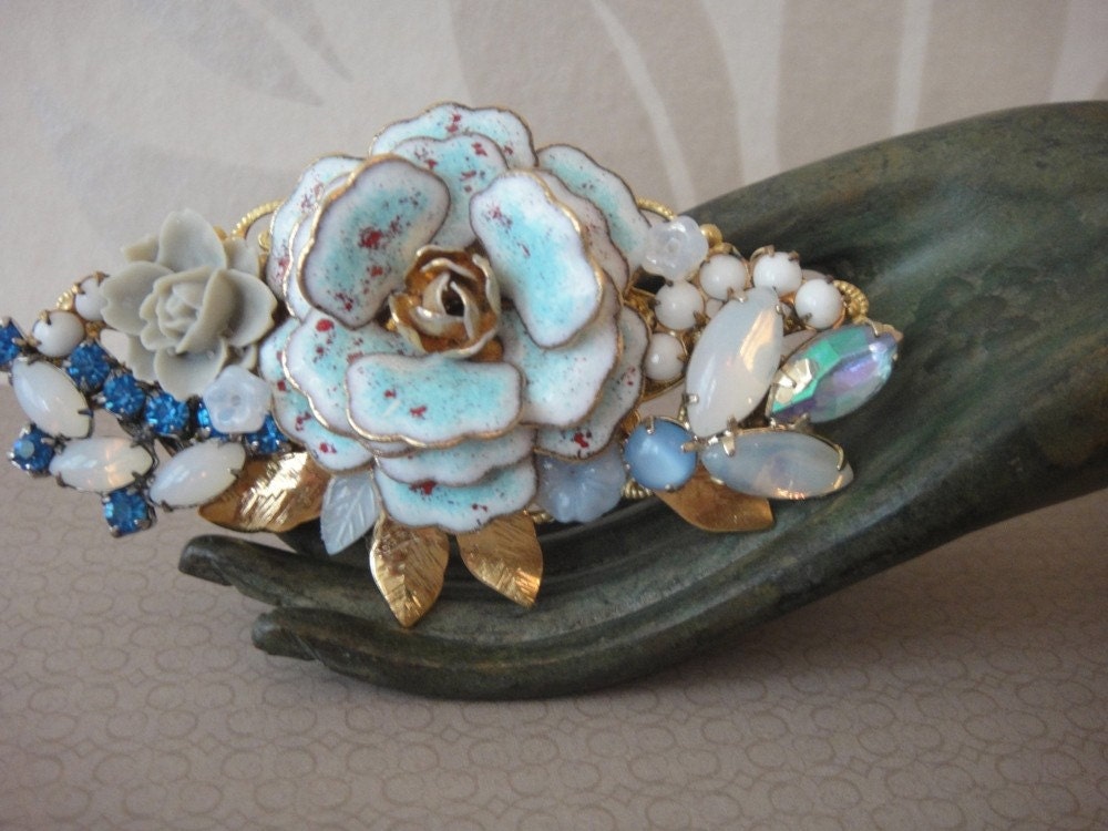 Blue bridal necklace - shabby chic vintage enamel flowers - bridesmaid gift - romantic wedding