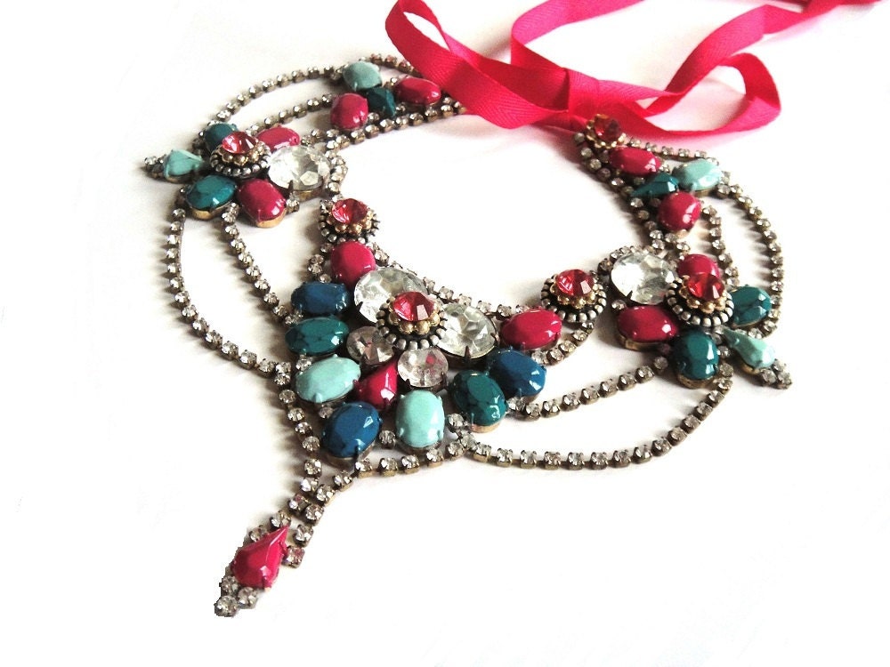 Handpainted bib rhinestone necklace - statement piece in pink mint and emerald with sparkling Swarovski details