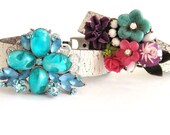 Bridesmaids gift bracelet - wedding bracelet wrist corsage in Turquoise hot pink and purple - vintage shabby chic style