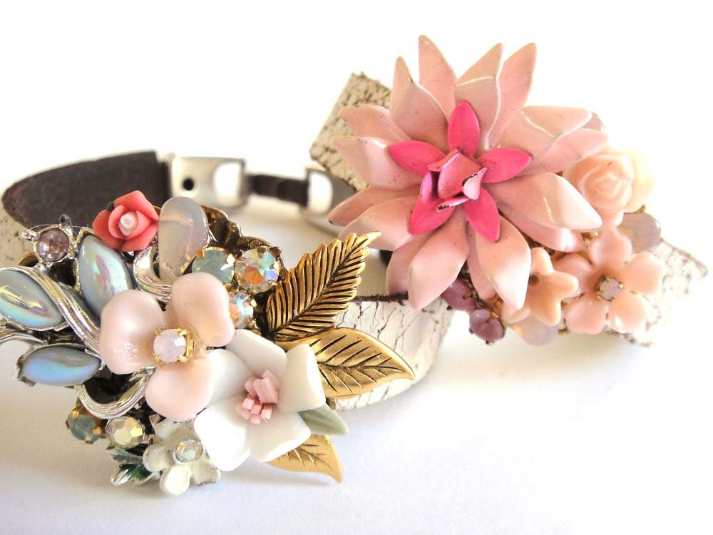 Pink wedding bracelet - repurposed shabby chic vintage collage - romantic bridal jewelry