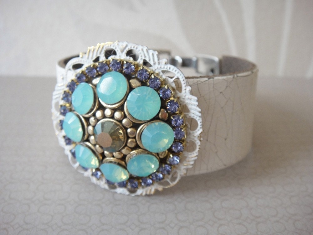 Leather bracelet Swarovski rhinestones - sparkling statement cuff