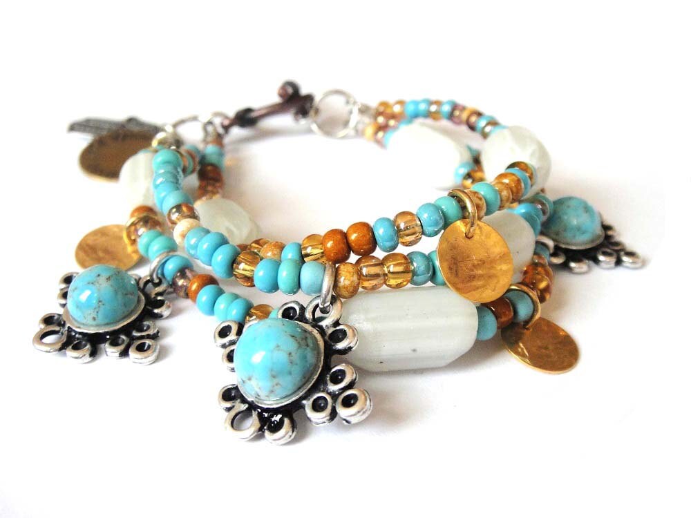 Bohemian hippie bracelet Turquoise and honey beaded multiple strands with turquoise matrix cabochons, handstamped tag and hamsa hand