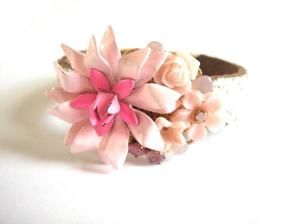 Pink wedding bracelet - repurposed shabby chic vintage collage - romantic bridal jewelry