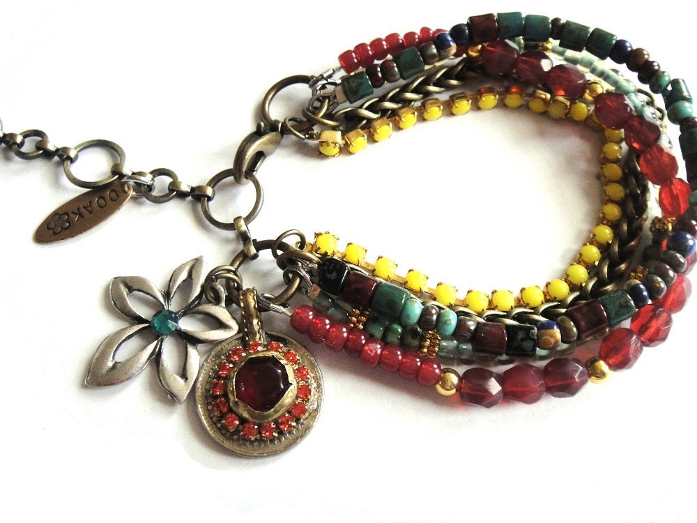 Gypsy hippie beaded bracelet with Rhinestones and antique Kuchi coin charm - colours of the orient