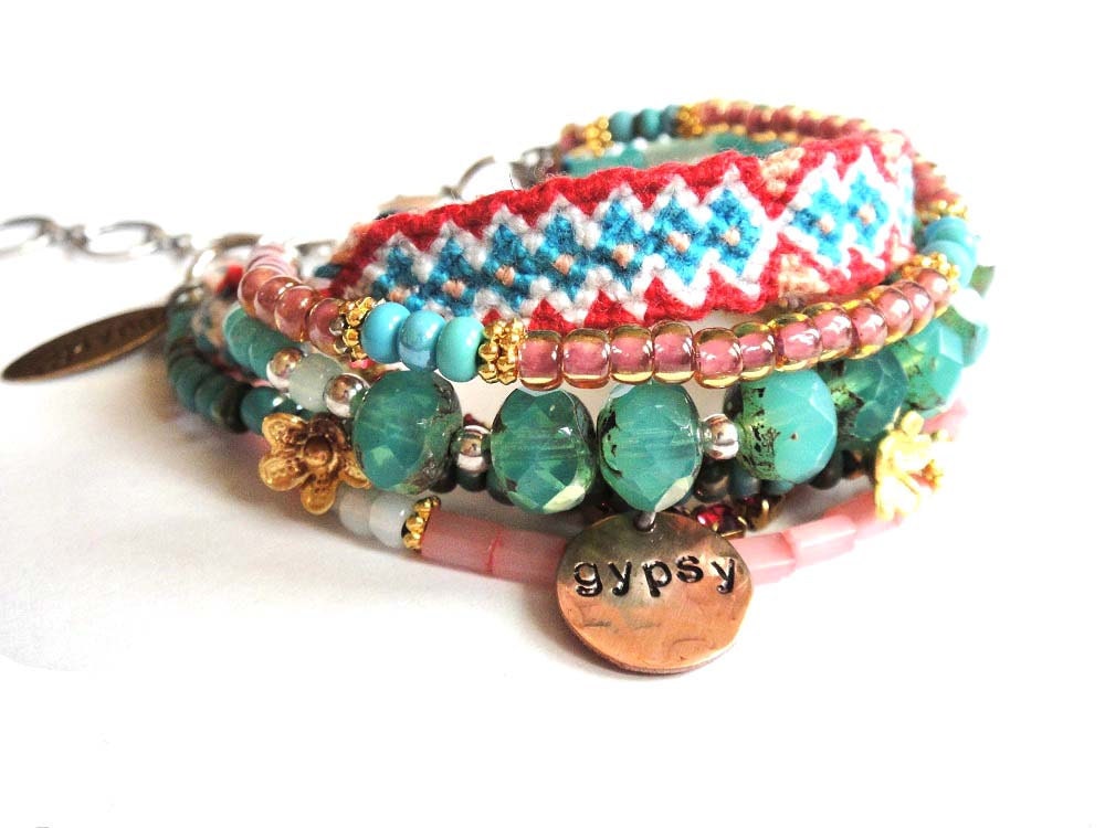 Bohemian hippie bracelet with friendship bracelet beads and Swarovski rhinestones in coral salmon and aqua - turquoise - gypsy style