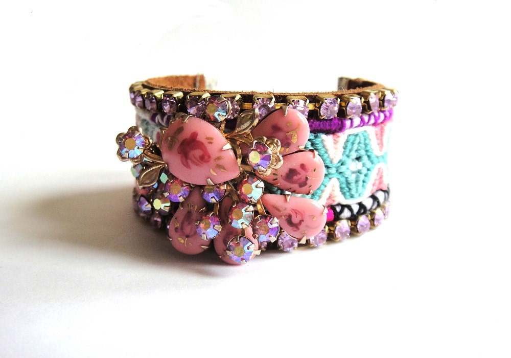 Rhinestone friendship bracelet cuff in pink amethyst and seafoam green - boho chic hippie bracelet