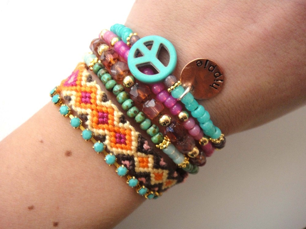 Bohemian hippie bracelet - beads rhinestones and friendship bracelet in turquoise hot pink and orange - gypsy style - indian summer