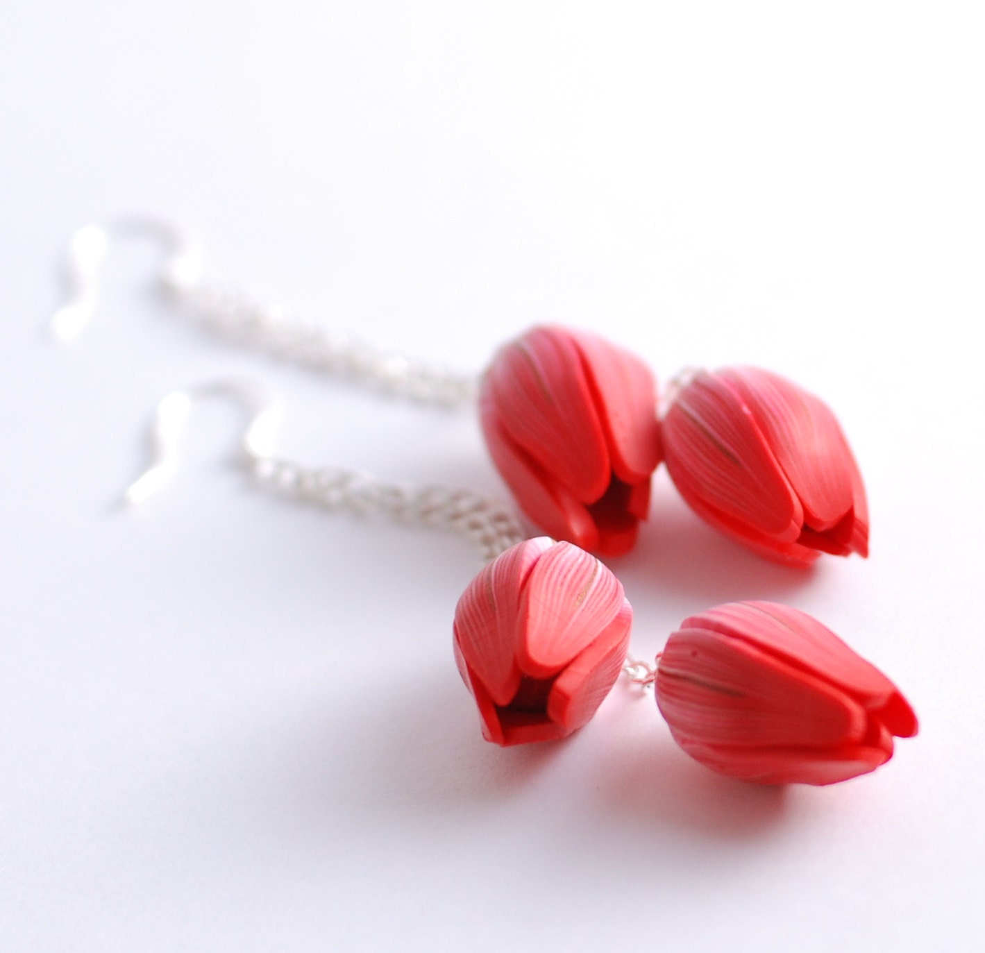 Red flower tulip pair extra long chain earrings