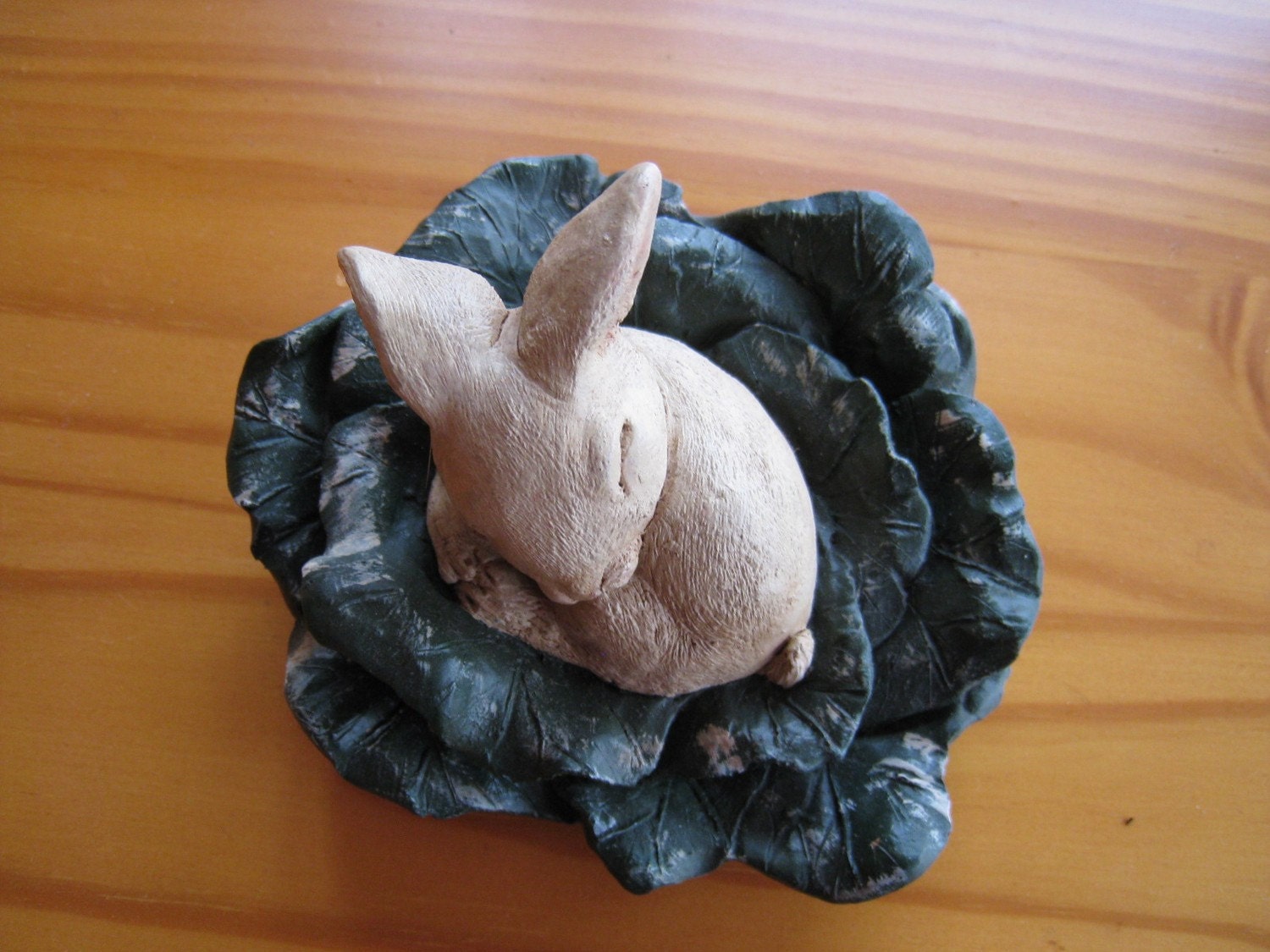 Reserved for Anna Bunny in the Cabbage Handpainted Pecan Shell Resin