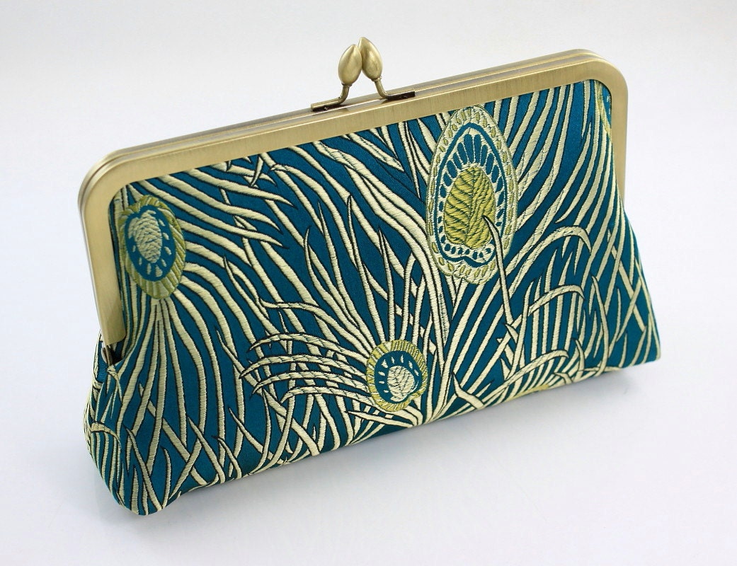 Peacock Feather Brocade - 8 inches Antique Brass Frame Clutch (Lined in Dupioni Silk) - the Florence Clutch