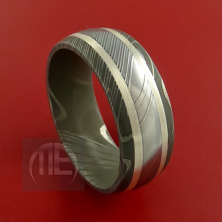 Damascus Steel Ring with Sterling Silver Custom Made Band Any Finish and Sizing 3 to 22 Any Size 3-22