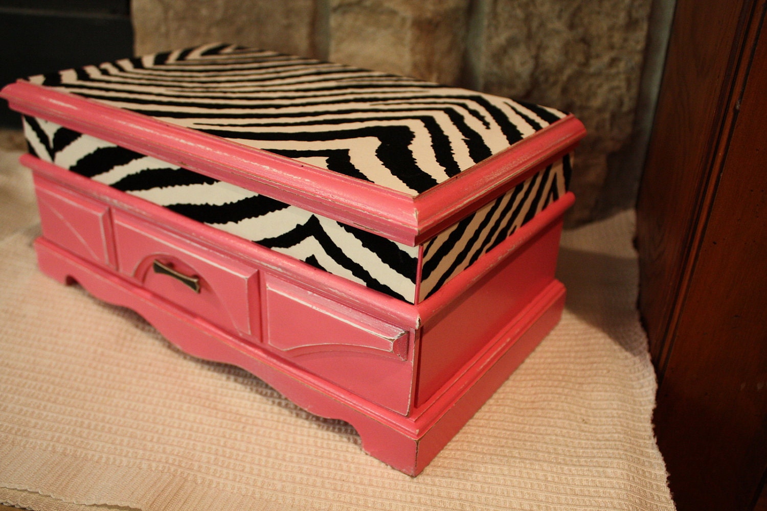 Shabby Chic Distressed Hot Pink Zebra Jewelry Box