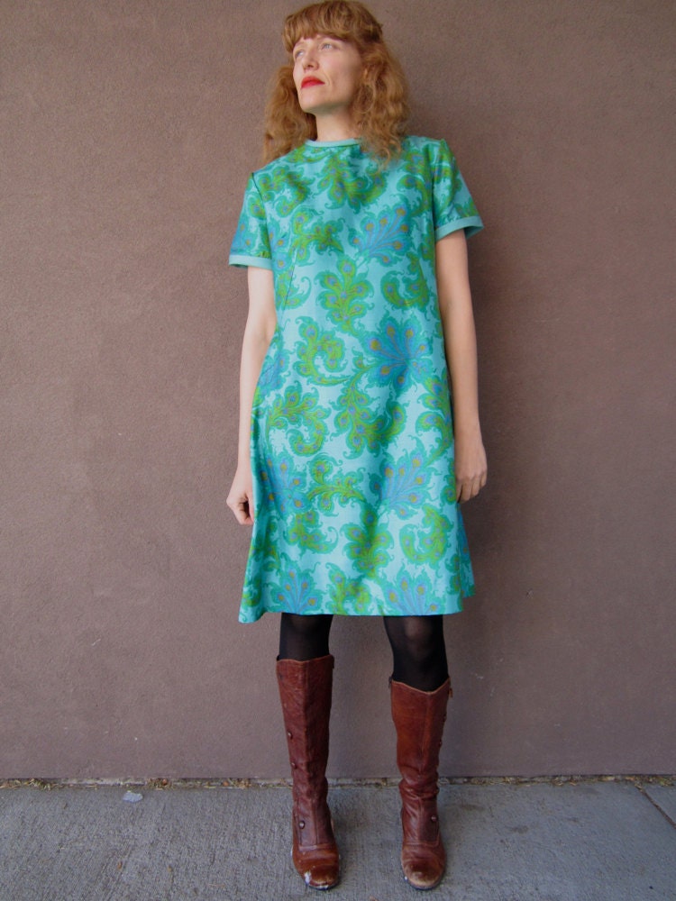1960's PEACOCK FEATHER Silk Shift Dress (M)