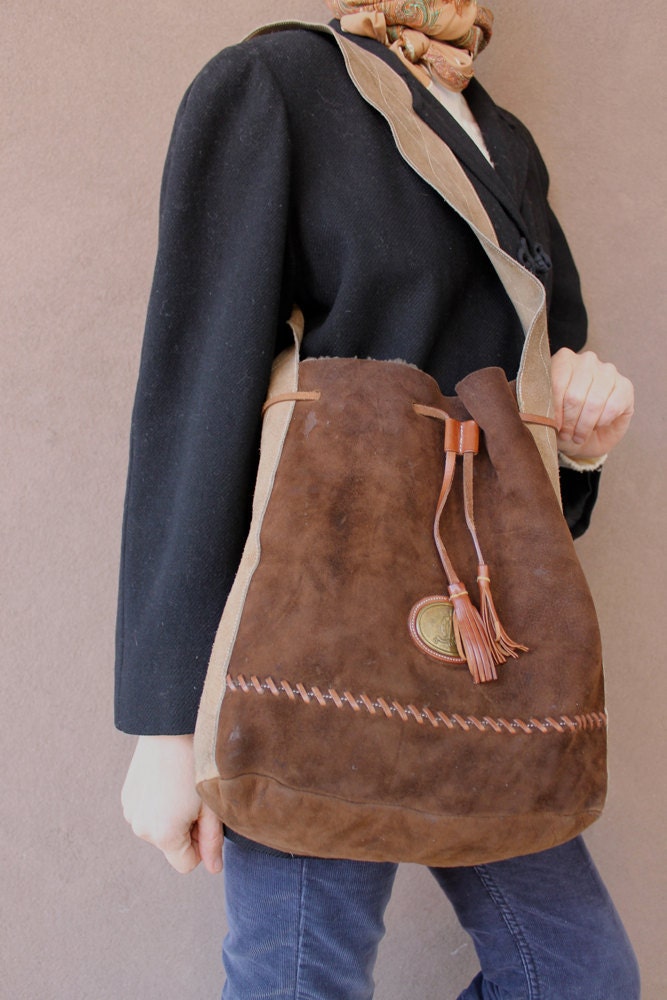 Vintage BOHO COWGIRL Brown Suede and Shearling Purse