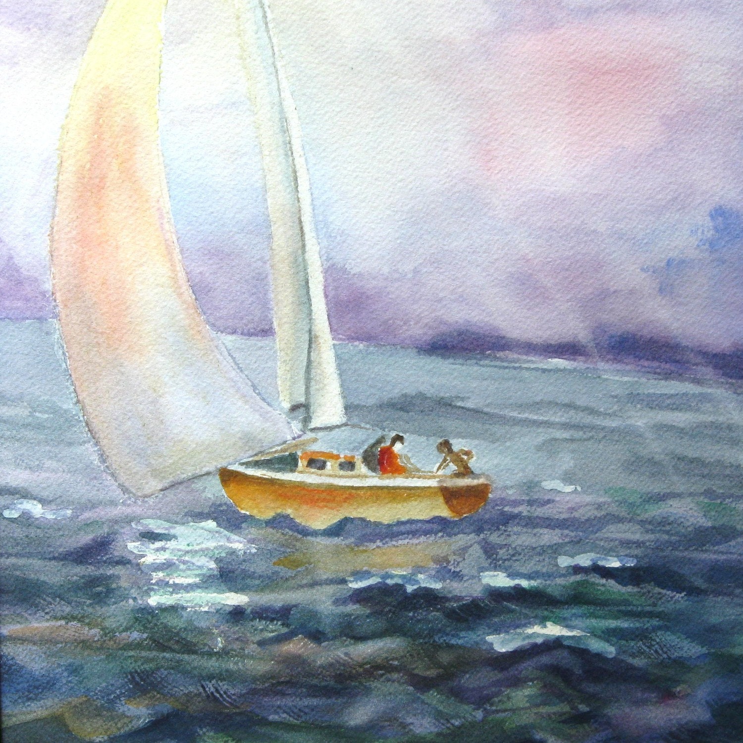 Sail Boat Original Watercolor Painting Fine Art 11x14 Landscape  Windy Ride