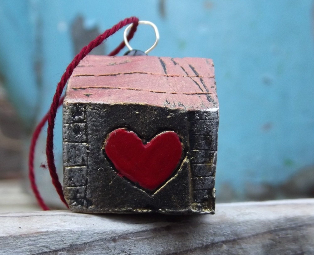 Little House of Love - OOAK Pendant -  Valentines Day -Modelling Clay Art Sculpture - Wearable Art - DecoEcoShop