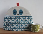 Hand Screen Printed Owl Tea Cosy in Turquoise