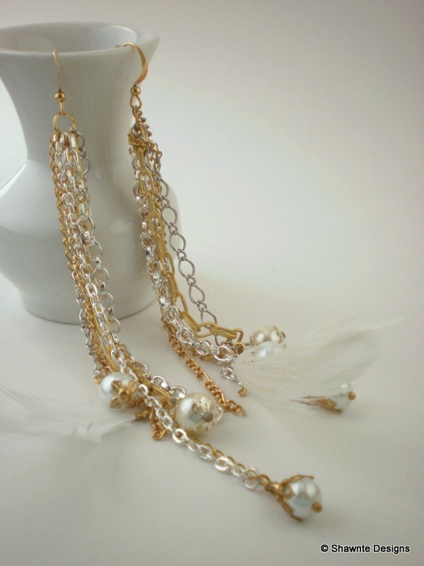 Mixed Metals Long Dangle Earrings with Pearls & Feathers