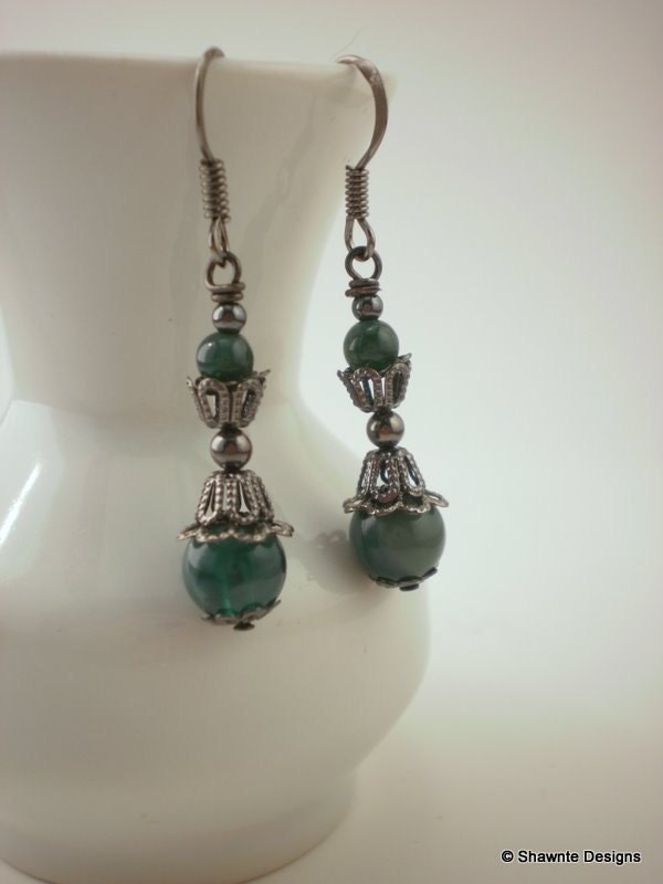 Forest green and gunmetal antique-style earrings