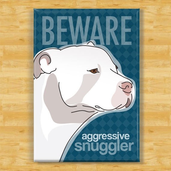 Pit Bull Dog Magnet - Beware Aggressive Snuggler - White Pit Bull