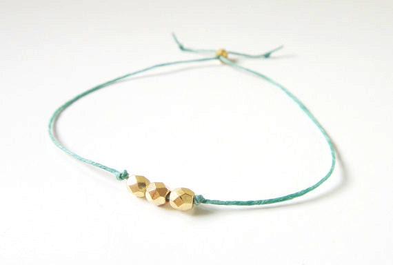 Three Gold Beads on Green Irish Linen Friendship Bracelet - gift ideas, best friend gift, birthday gift, woman gift, gift for her, under 15