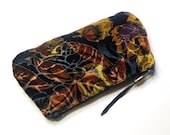 Zippered Clutch Purse Black Velvet Earth Tone Leaves - PouchStyle