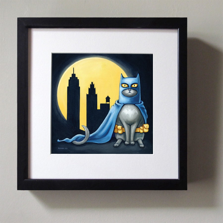 Batcat - 8x8 art print - superhero cat dressed like batman wearing his utility belt in front of a full moon and city line