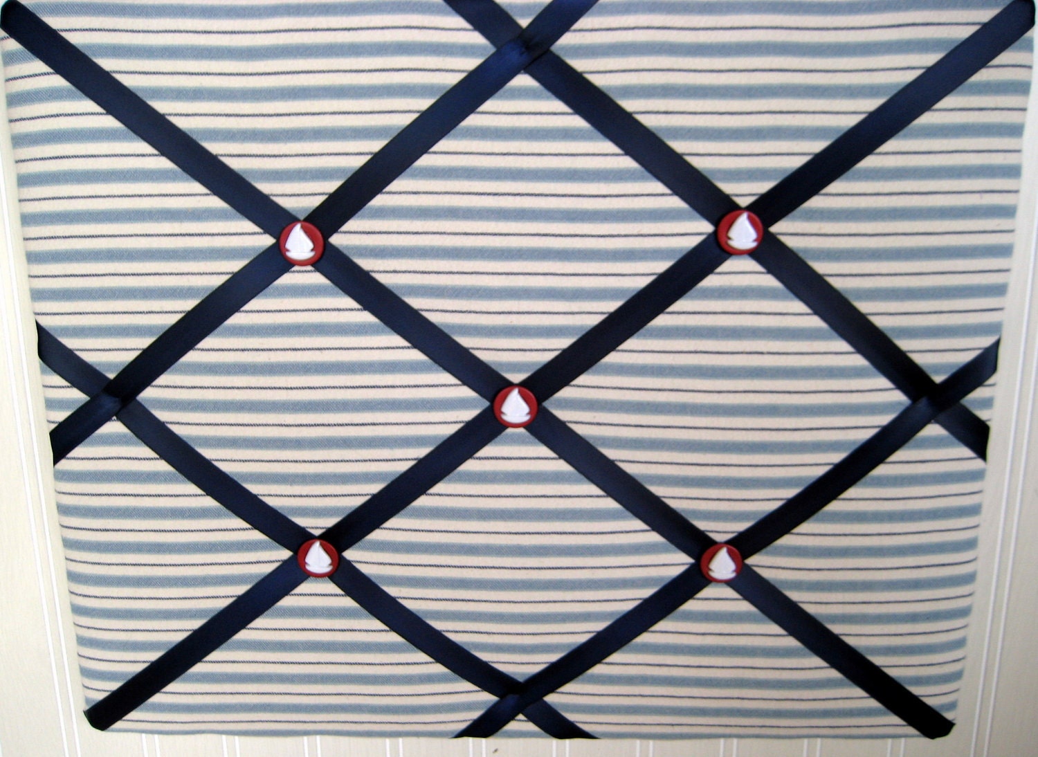 Nautical French Memo Board, Photo Memory Board, Sailing, Boats, Navy blue stripe, sailboat buttons 16 x 20 inches