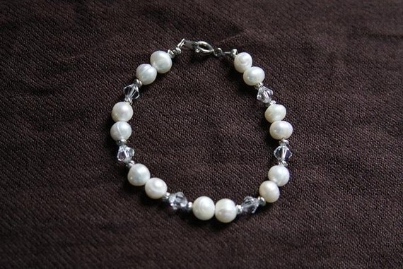 White Pearl and Swarovski Crystal Bracelet and Earring Set - Great for Bridesmaids