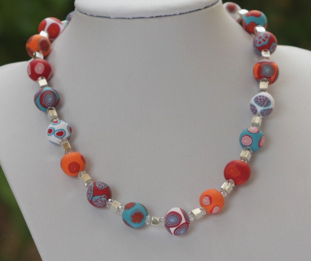Summer beaded necklace in red, orange, turquoise and white, polymer clay, silver cubes and swaovski beads