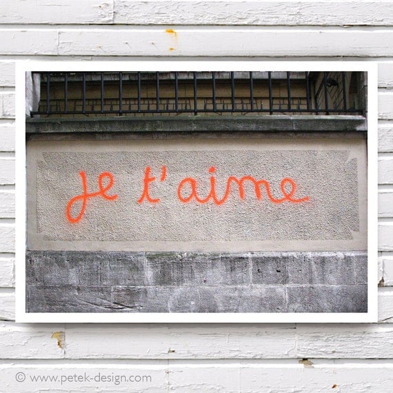 Jeg elsker deg, je t'aime 5x7'' (13x18cm) Fransk Graffiti Fine Art Photograph, neon oransje, grå grå urban fotoutskrift, Høst