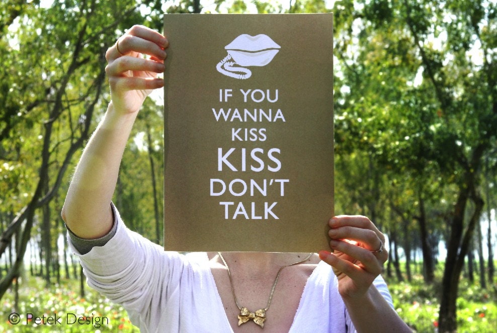 A4 poster: If You Wanna Kiss, Kiss Dont Talk - 8x11- Gold retro telephone, Garden woodland, Gift for him/ her, Art Print