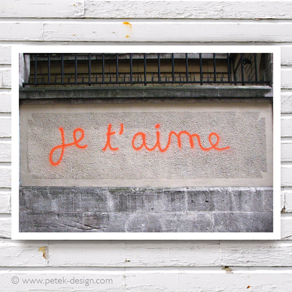I Love You, Je T'aime 5x7'' (13x18cm) French Graffiti Fine Art Photograph, neon orange, grey gray urban photo print, Autumn