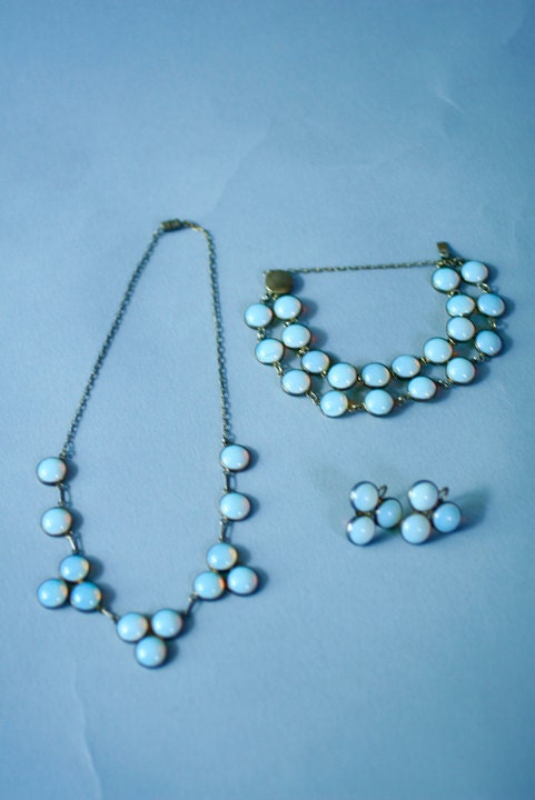 Antique Moonstone Opal Necklace Bracelet Earring Set