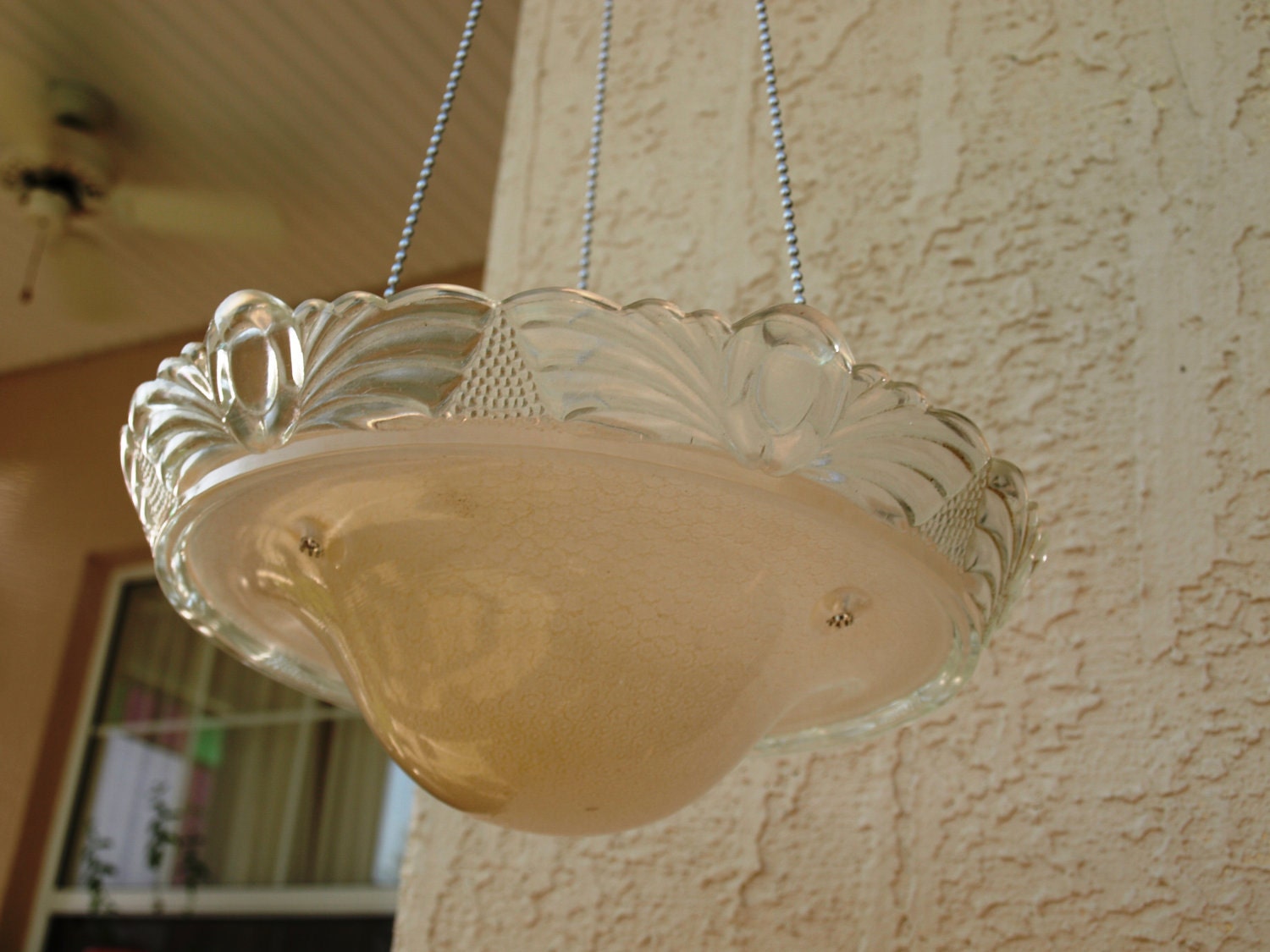 repurpose light fixture hanging planter bird feeder candle holder vintage pink