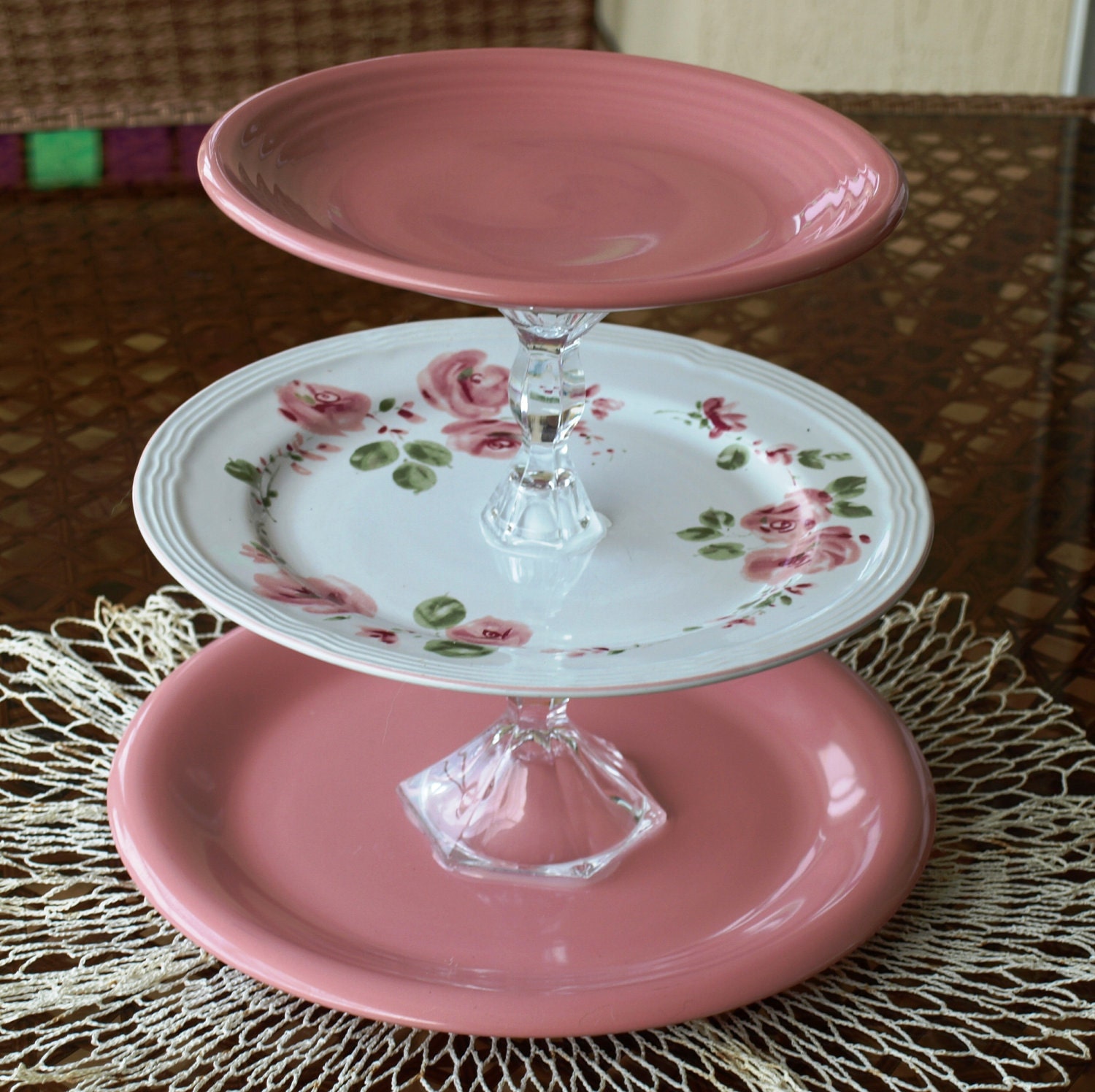3 tier dessert stand floral repurpose platter cake cookies dessert pink floral