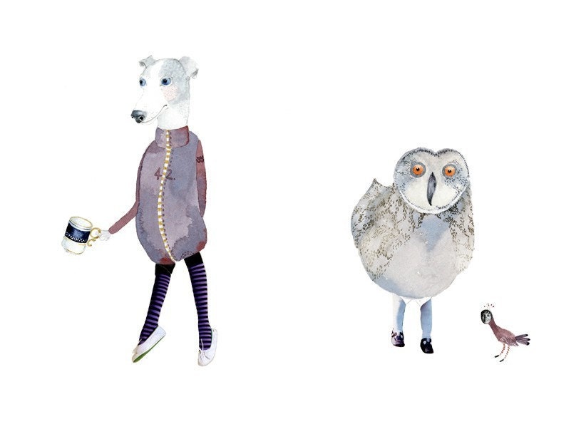 Giclee print Dog Owl Bird Teacup Illustration Print
