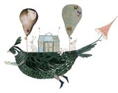 Art Giclee Print Rabbits in Flying Hot Air Ballon Bird Ship illustration8x11