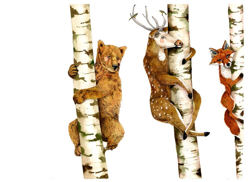 Bear, Deer, Fox, Trees illustration Print 11.7x16.5 - ChasingtheCrayon