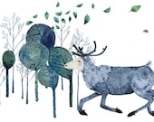 Reindeer Print  Giclee print Reindeer runs in Wood 11.7x16.5 illustration