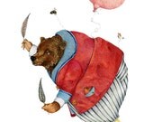 Bear Print Bear with a Balloon Illustration 8x11